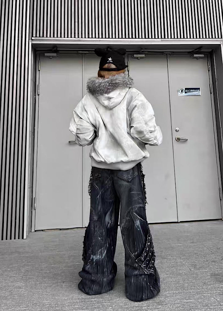 【TR BRUSHSHIFT】White base random wash fur hoodie jacket  TB0069