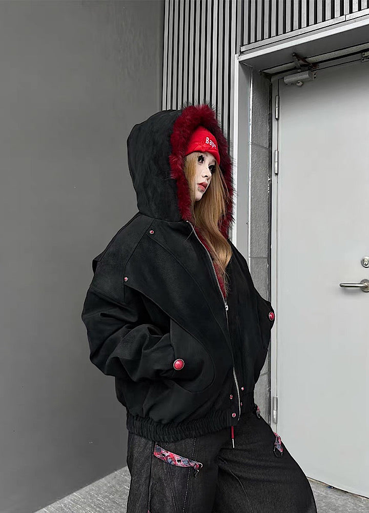 【TR BRUSHSHIFT】Red inner collar simple design fur hoodie jacket  TB0070