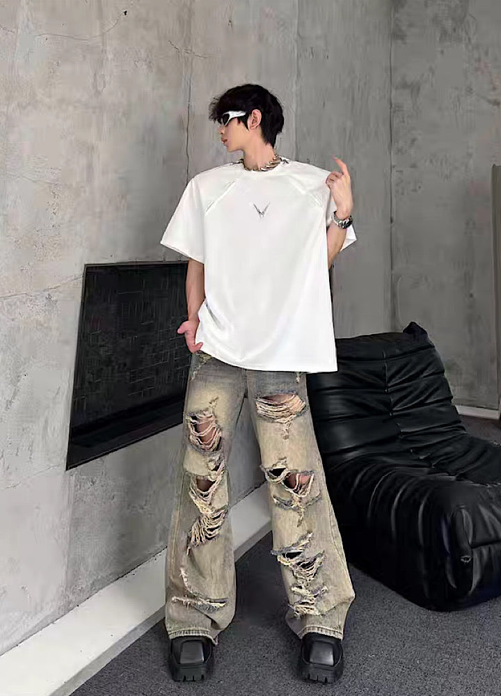【MARTHENAUT】Vintage blue fully distressed wide-leg denim pants  MH0071
