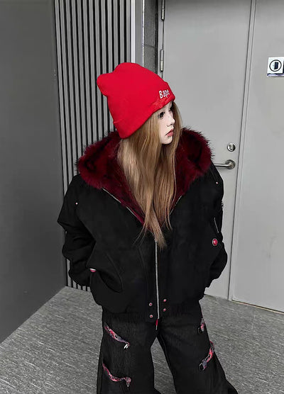 【TR BRUSHSHIFT】Red inner collar simple design fur hoodie jacket  TB0070