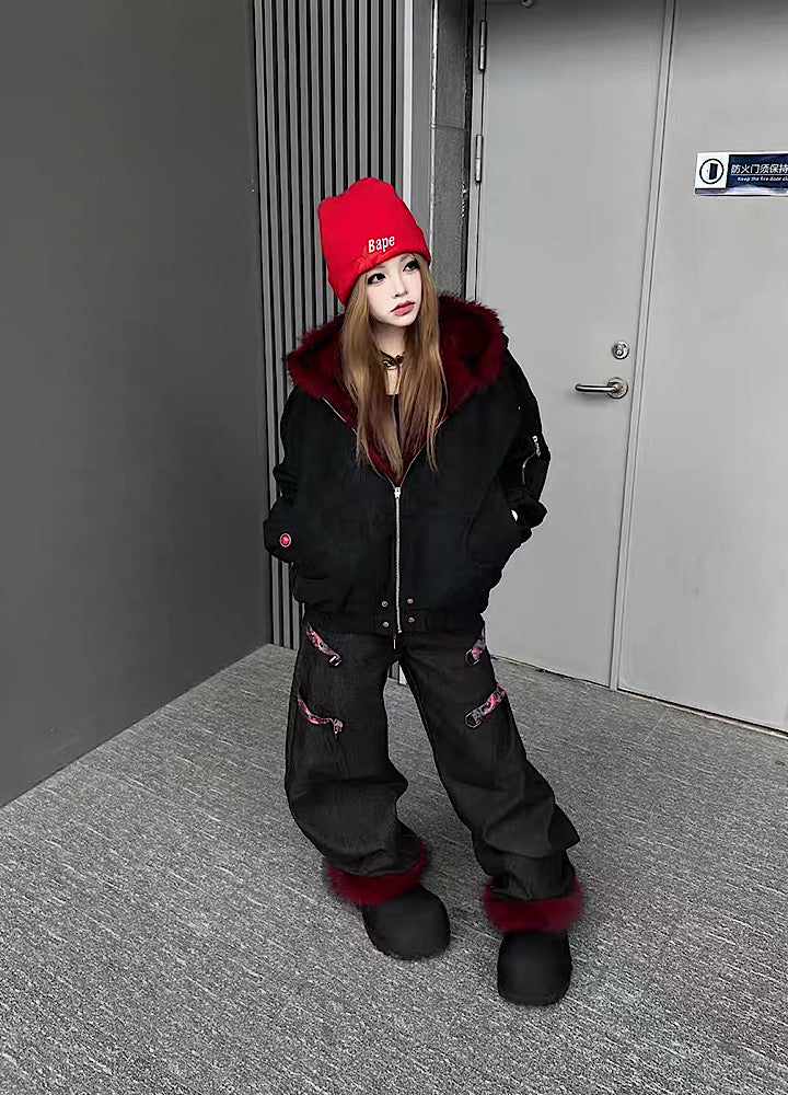 【TR BRUSHSHIFT】Red inner collar simple design fur hoodie jacket  TB0070