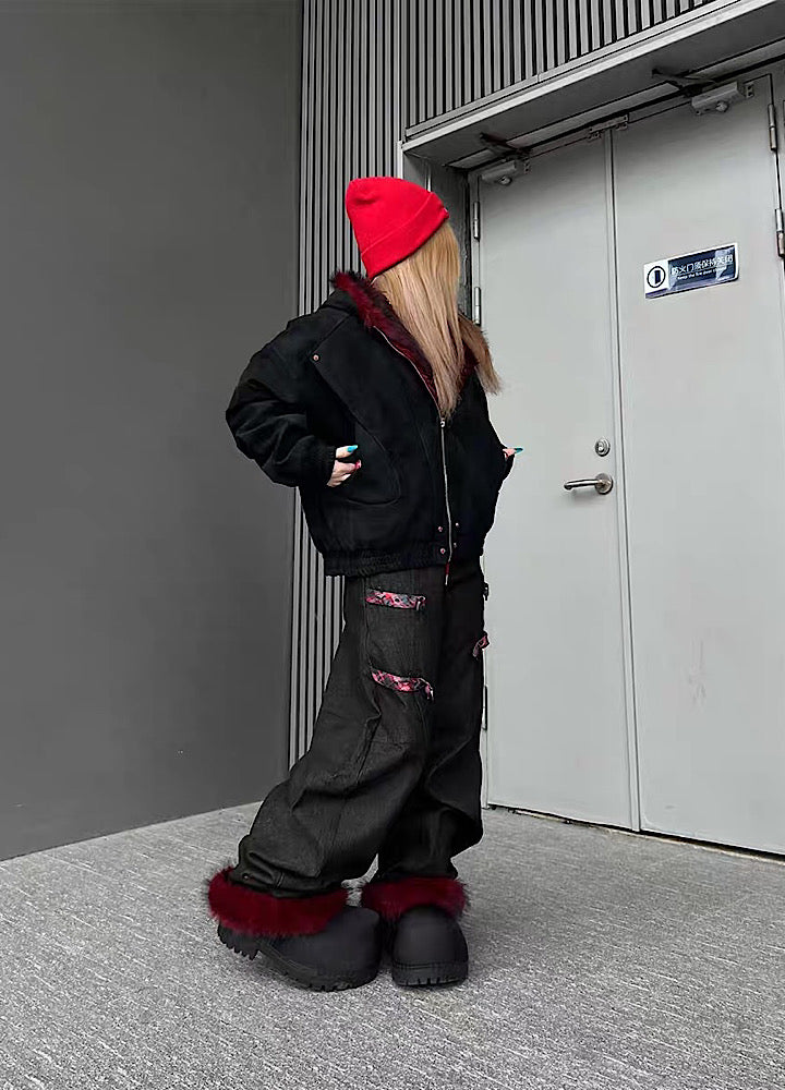 【TR BRUSHSHIFT】Red inner collar simple design fur hoodie jacket  TB0070