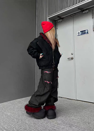 【TR BRUSHSHIFT】Red inner collar simple design fur hoodie jacket  TB0070