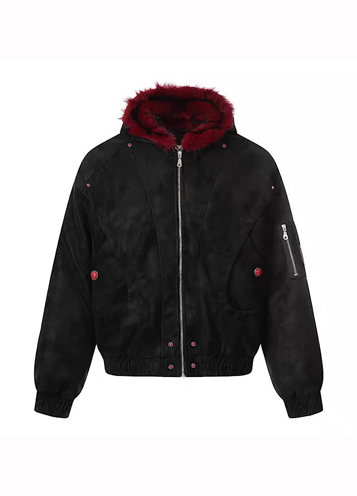 【TR BRUSHSHIFT】Red inner collar simple design fur hoodie jacket  TB0070