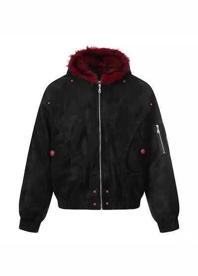 【TR BRUSHSHIFT】Red inner collar simple design fur hoodie jacket  TB0070