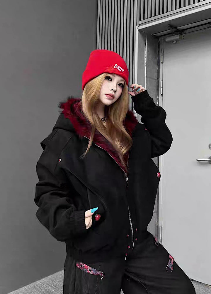 【TR BRUSHSHIFT】Red inner collar simple design fur hoodie jacket  TB0070