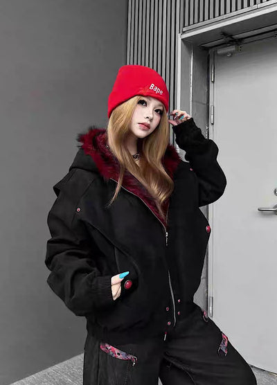 【TR BRUSHSHIFT】Red inner collar simple design fur hoodie jacket  TB0070