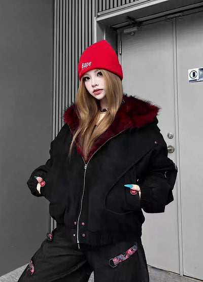 【TR BRUSHSHIFT】Red inner collar simple design fur hoodie jacket  TB0070