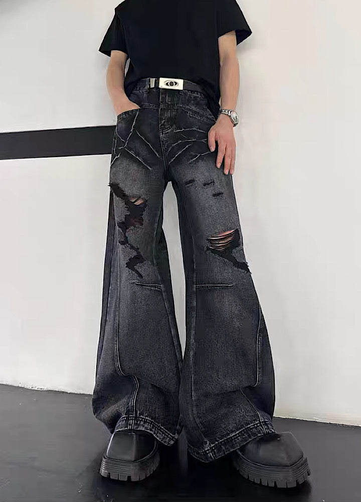 【MARTHENAUT】Dark style washed distressed wide black denim pants  MH0072