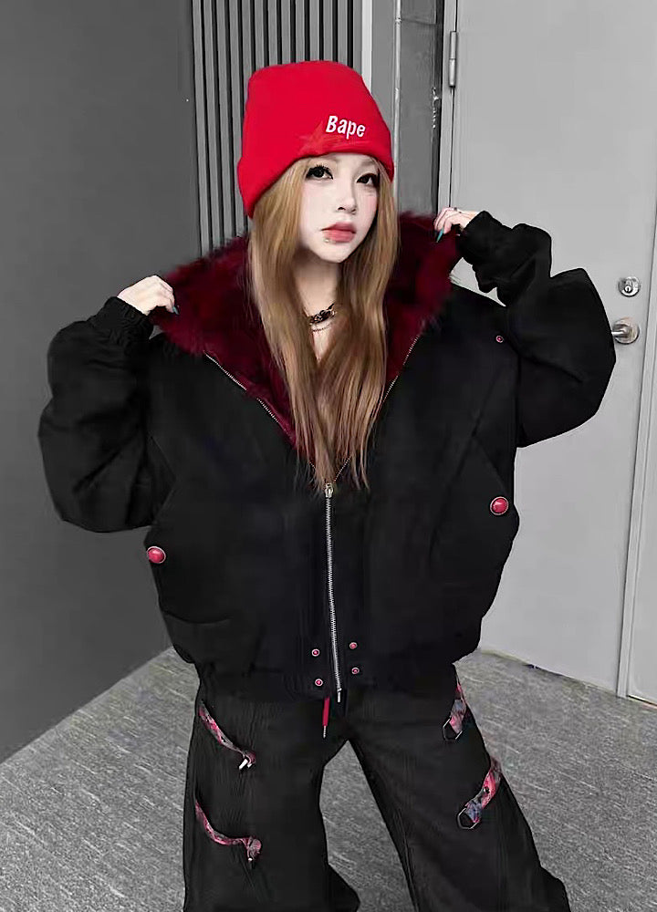 【TR BRUSHSHIFT】Red inner collar simple design fur hoodie jacket  TB0070