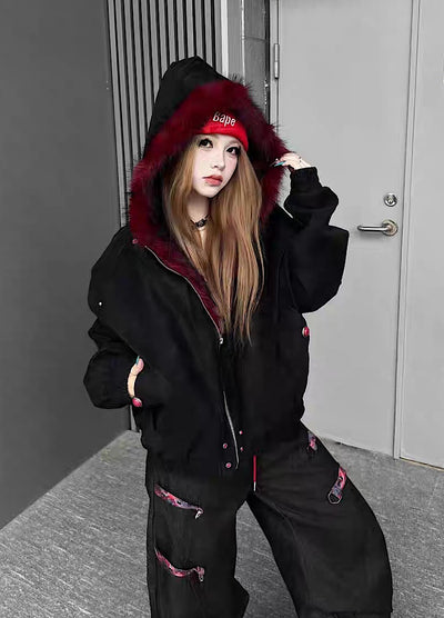 【TR BRUSHSHIFT】Red inner collar simple design fur hoodie jacket  TB0070