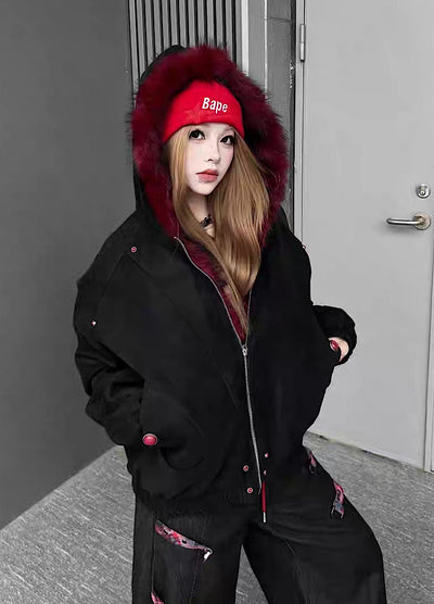 【TR BRUSHSHIFT】Red inner collar simple design fur hoodie jacket  TB0070