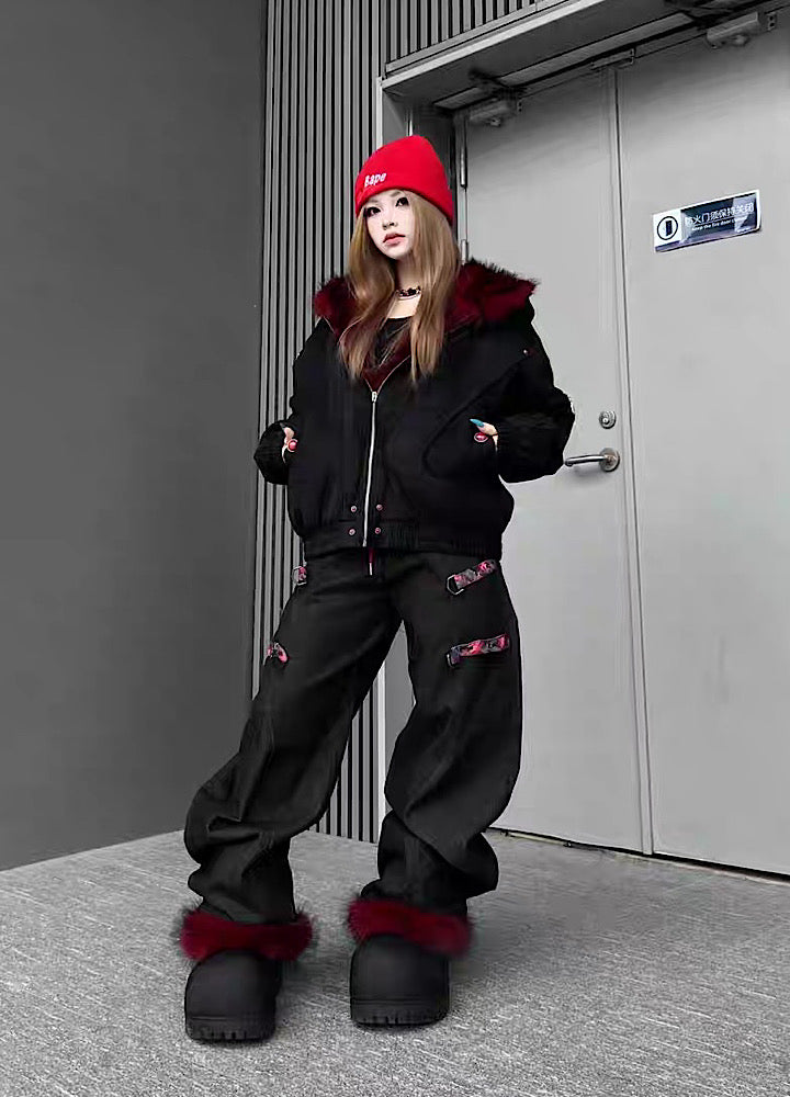 【TR BRUSHSHIFT】Red inner collar simple design fur hoodie jacket  TB0070