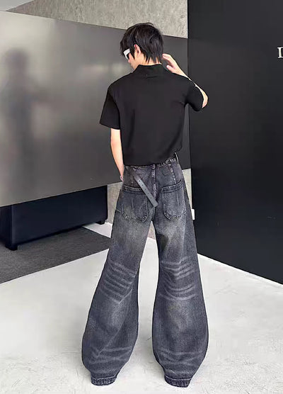 【MARTHENAUT】Dark style washed distressed wide black denim pants  MH0072