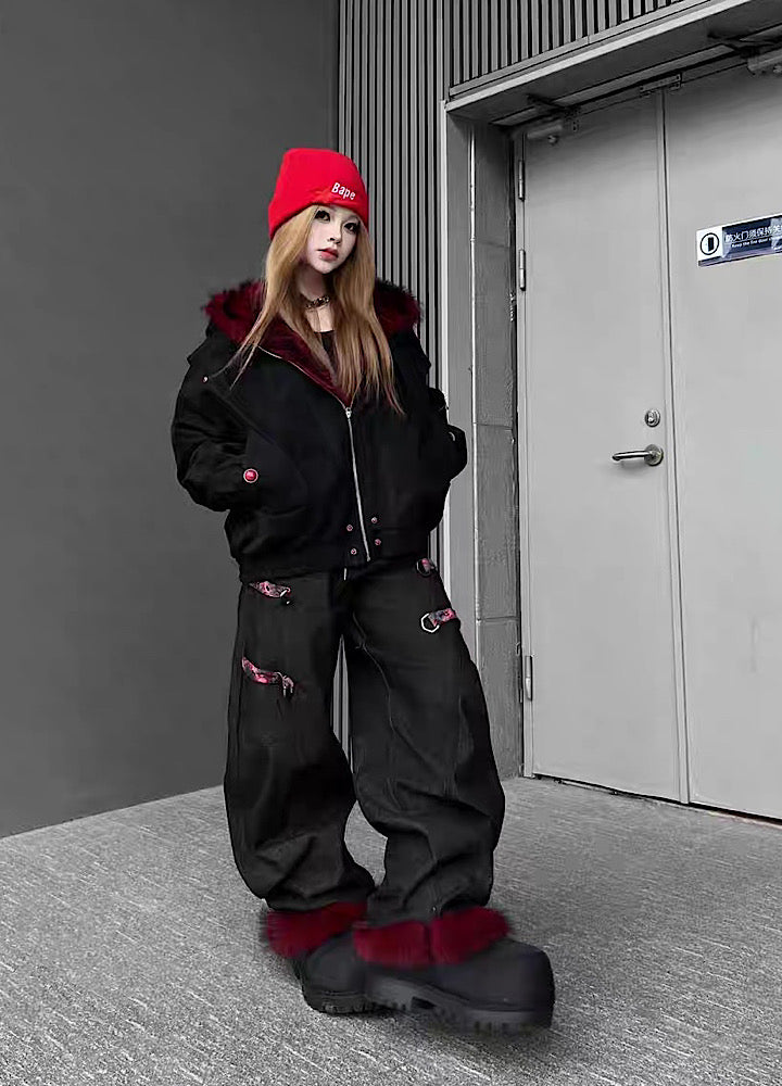 【TR BRUSHSHIFT】Red inner collar simple design fur hoodie jacket  TB0070