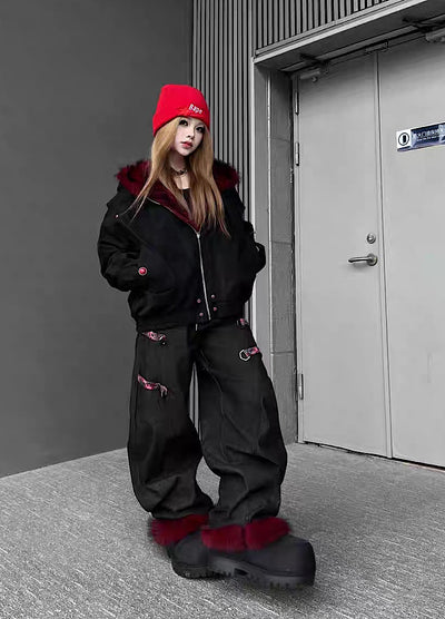 【TR BRUSHSHIFT】Red inner collar simple design fur hoodie jacket  TB0070