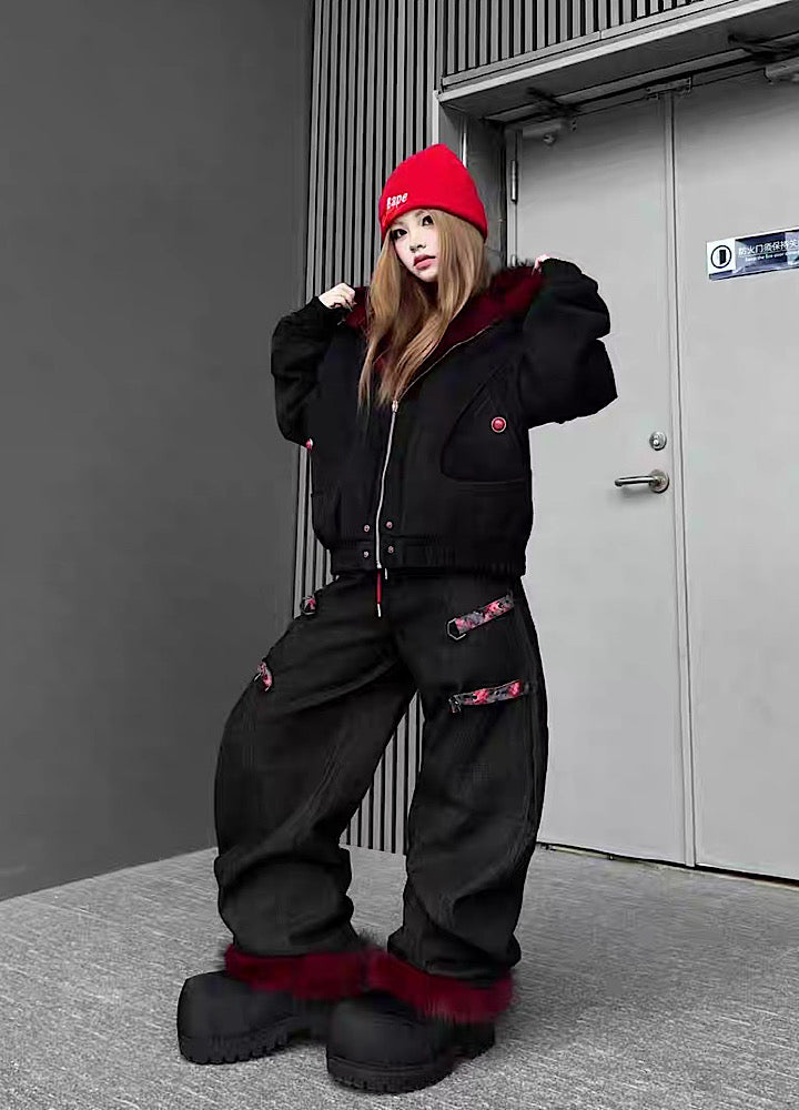 【TR BRUSHSHIFT】Red inner collar simple design fur hoodie jacket  TB0070