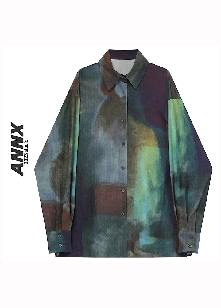 【ANNX】Patchwork vintage design dark blue shirt  AN0011