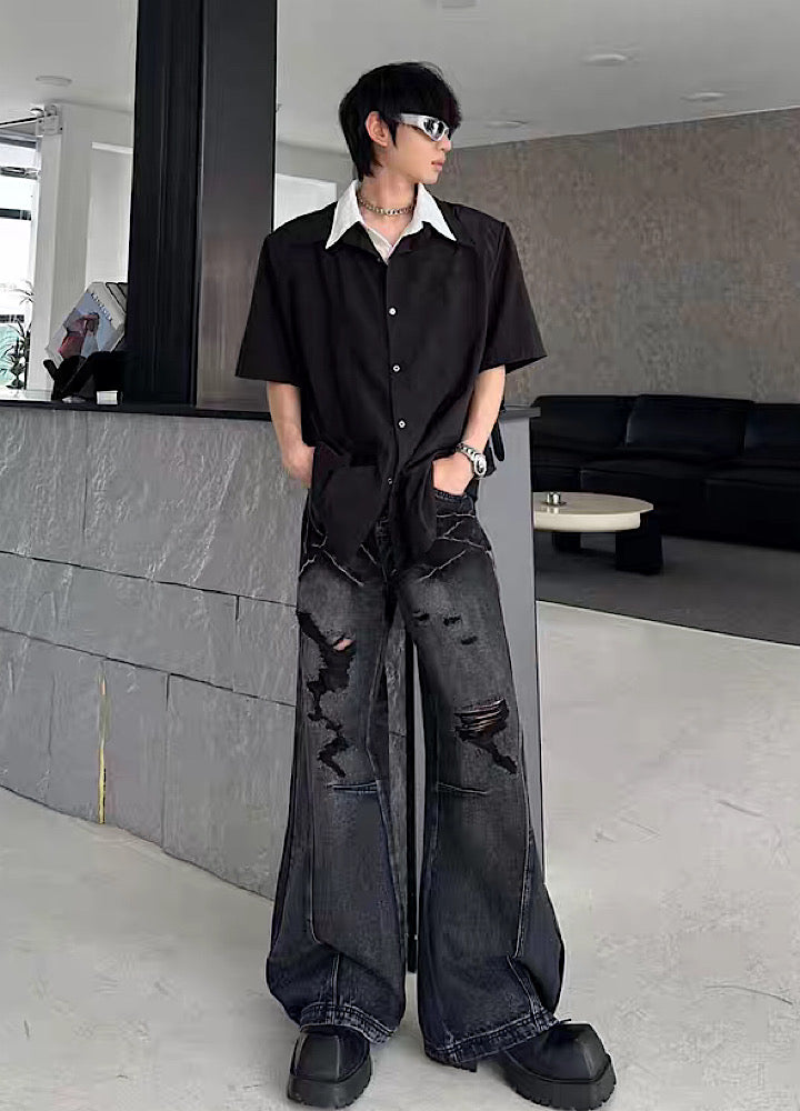 【MARTHENAUT】Dark style washed distressed wide black denim pants  MH0072