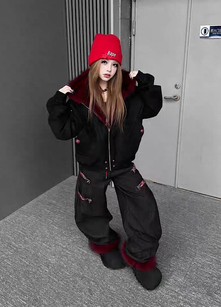 【TR BRUSHSHIFT】Red inner collar simple design fur hoodie jacket  TB0070