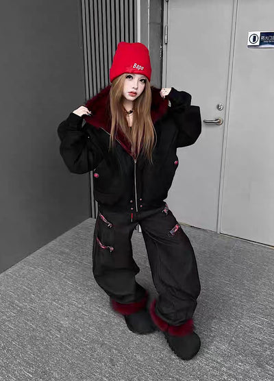 【TR BRUSHSHIFT】Red inner collar simple design fur hoodie jacket  TB0070
