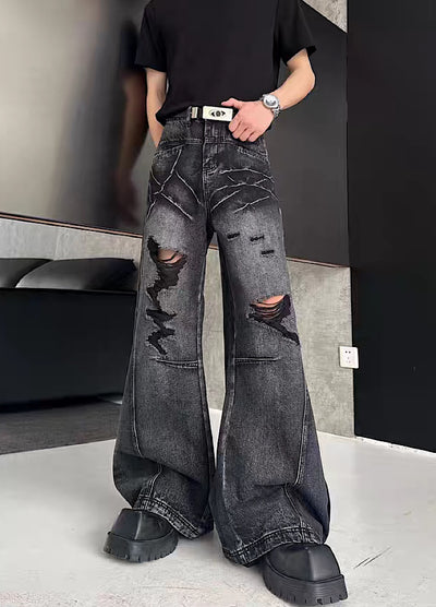 【MARTHENAUT】Dark style washed distressed wide black denim pants  MH0072