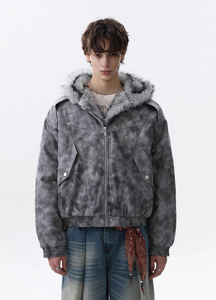 【MR nearly】Gray base wash full-zip fur hoodie jacket  MR0165