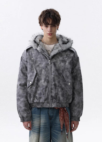 【MR nearly】Gray base wash full-zip fur hoodie jacket  MR0165