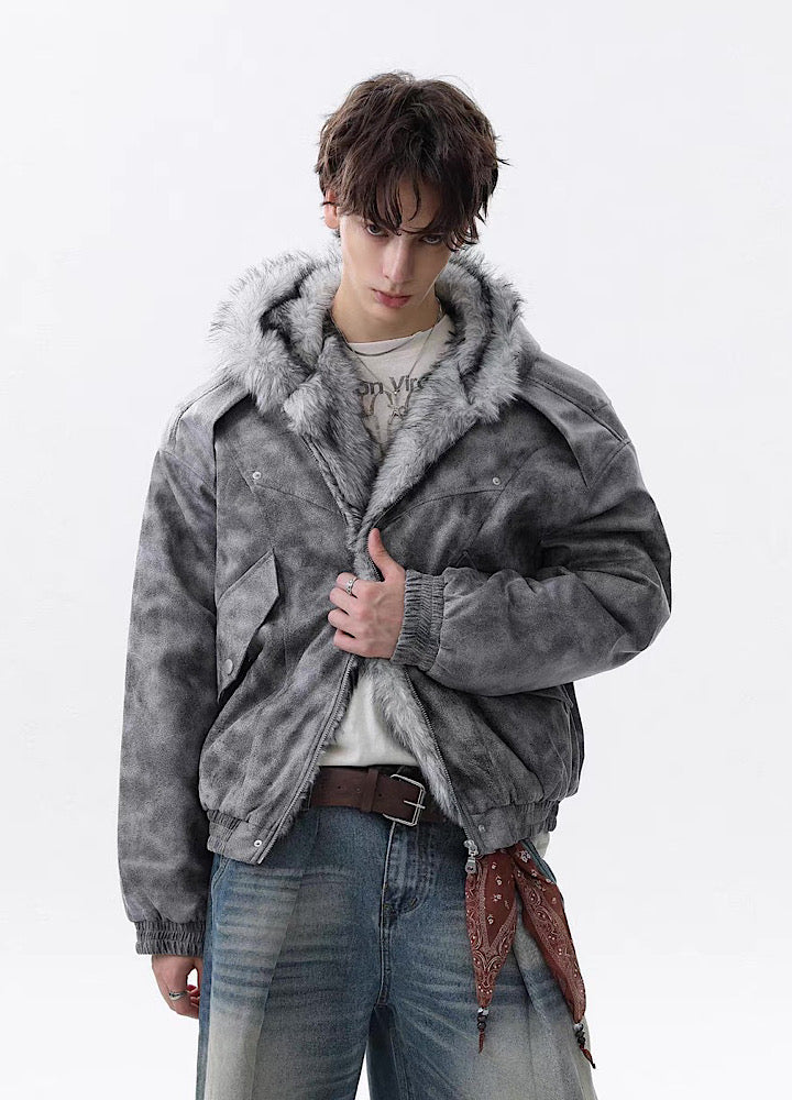 MR nearly】Gray base wash full-zip fur hoodie jacket MR0165 – HI