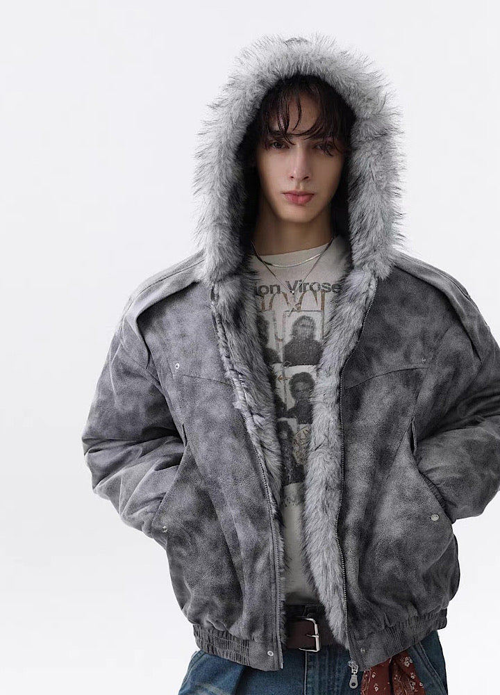 MR nearly】Gray base wash full-zip fur hoodie jacket MR0165 – HI