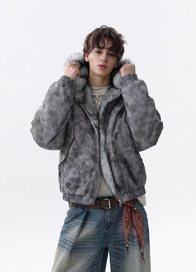 【MR nearly】Gray base wash full-zip fur hoodie jacket  MR0165