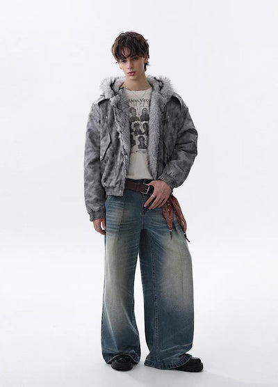 【MR nearly】Gray base wash full-zip fur hoodie jacket  MR0165