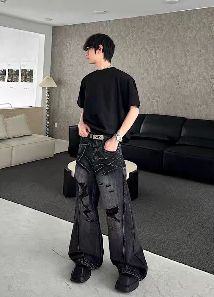 【MARTHENAUT】Dark style washed distressed wide black denim pants  MH0072