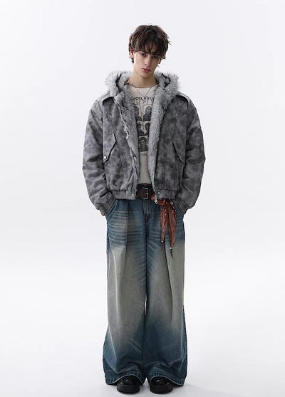 【MR nearly】Gray base wash full-zip fur hoodie jacket  MR0165