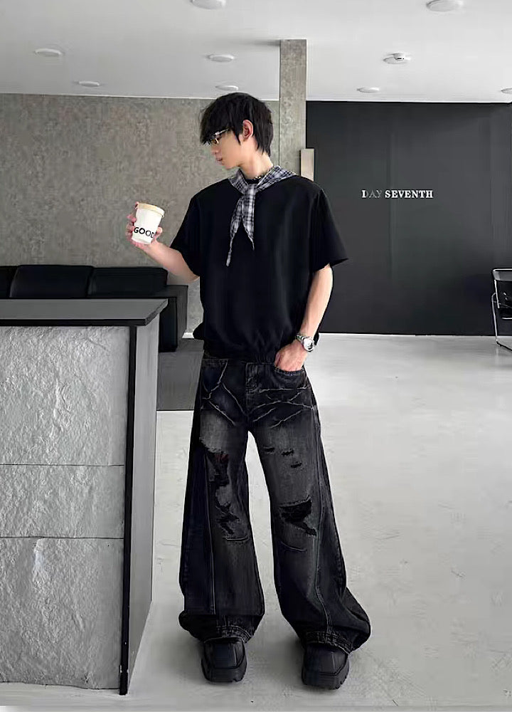 【MARTHENAUT】Dark style washed distressed wide black denim pants  MH0072