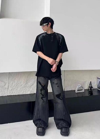 【MARTHENAUT】Dark style washed distressed wide black denim pants  MH0072