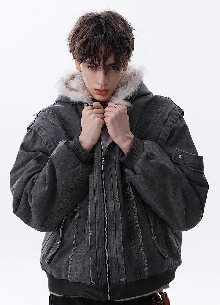 【MR nearly】Fleece-lined fringe distressed denim design fur hoodie jacket  MR0166
