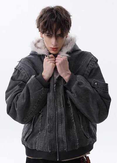 【MR nearly】Fleece-lined fringe distressed denim design fur hoodie jacket  MR0166