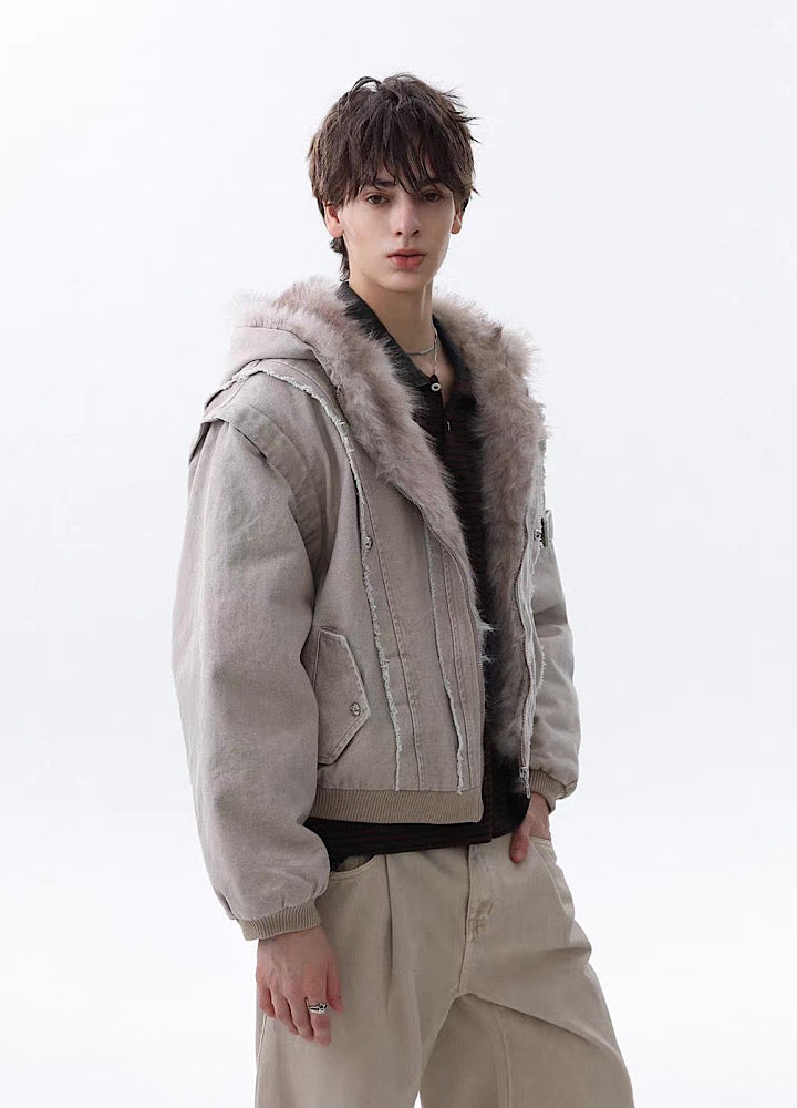 【MR nearly】Fleece-lined fringe distressed denim design fur hoodie jacket  MR0166