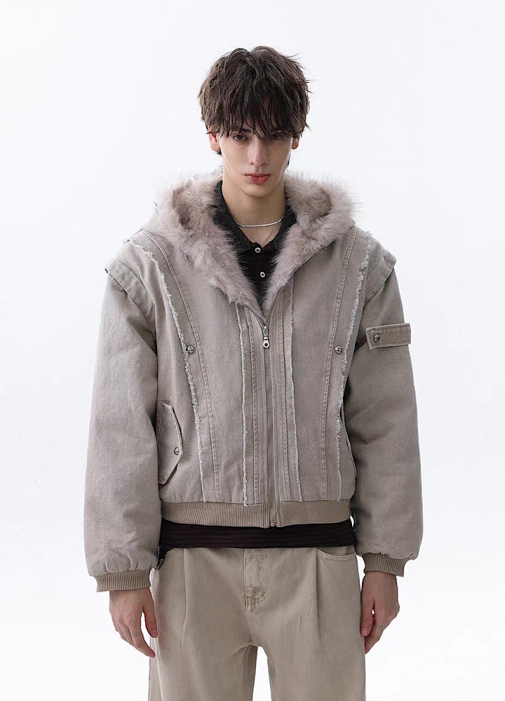 【MR nearly】Fleece-lined fringe distressed denim design fur hoodie jacket  MR0166