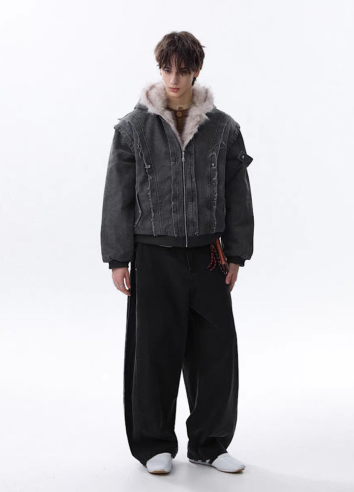 【MR nearly】Fleece-lined fringe distressed denim design fur hoodie jacket  MR0166