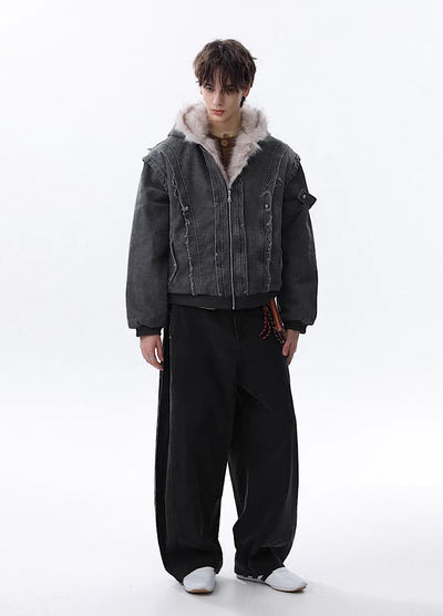 【MR nearly】Fleece-lined fringe distressed denim design fur hoodie jacket  MR0166