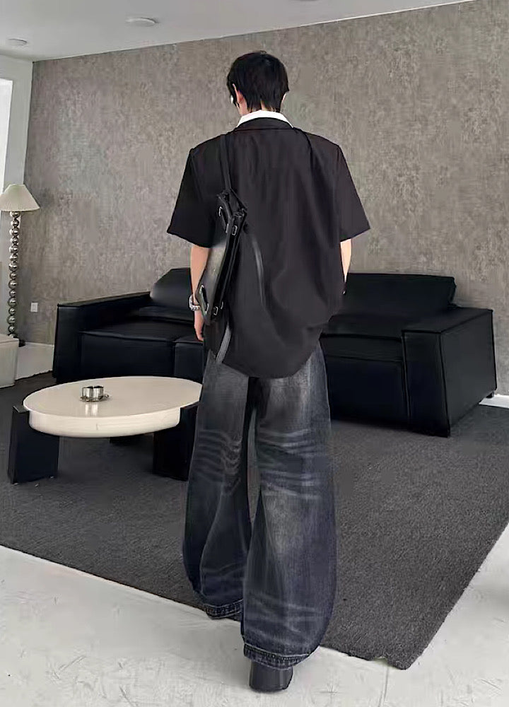 【MARTHENAUT】Dark style washed distressed wide black denim pants  MH0072