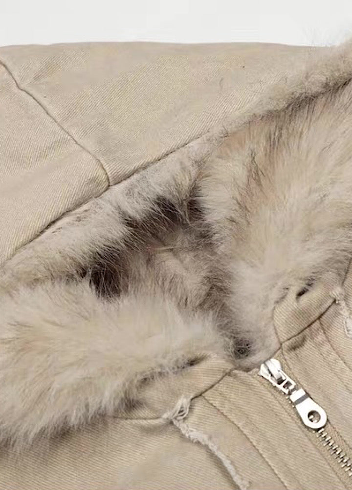 【MR nearly】Fleece-lined fringe distressed denim design fur hoodie jacket  MR0166