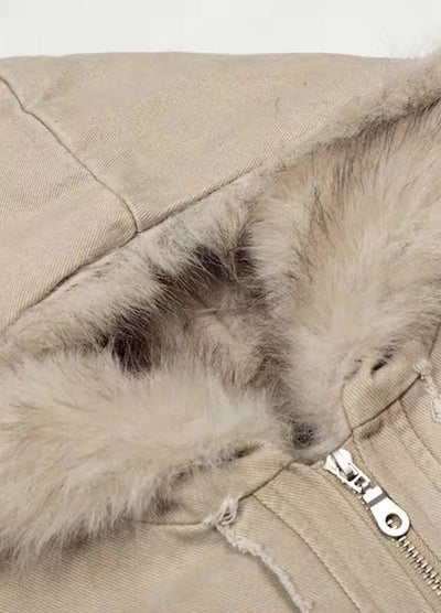 【MR nearly】Fleece-lined fringe distressed denim design fur hoodie jacket  MR0166