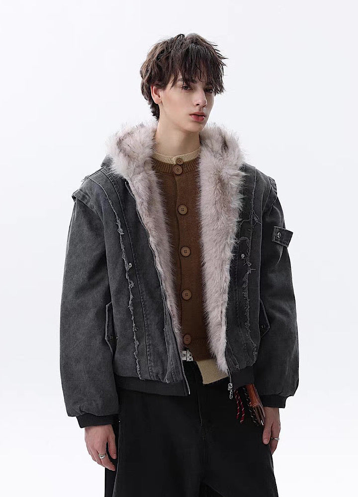 【MR nearly】Fleece-lined fringe distressed denim design fur hoodie jacket  MR0166