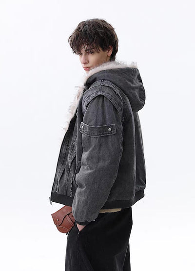 【MR nearly】Fleece-lined fringe distressed denim design fur hoodie jacket  MR0166