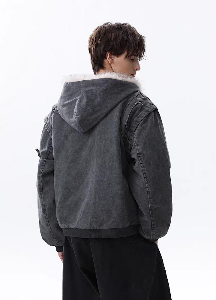 【MR nearly】Fleece-lined fringe distressed denim design fur hoodie jacket  MR0166