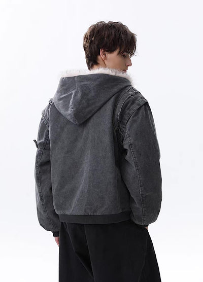 【MR nearly】Fleece-lined fringe distressed denim design fur hoodie jacket  MR0166