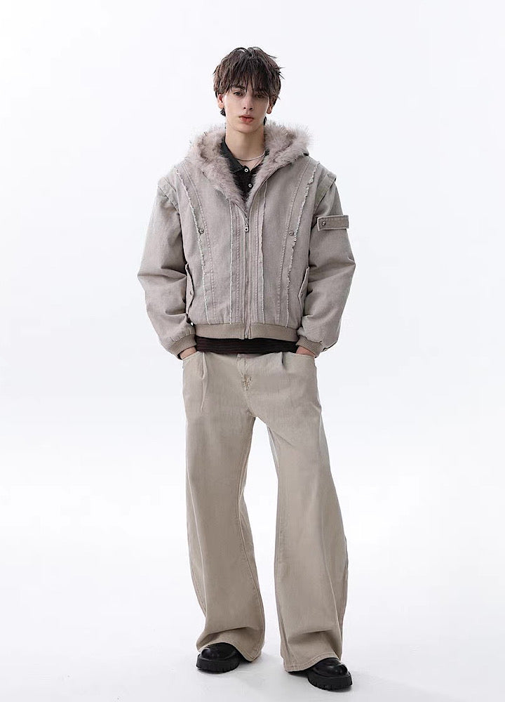 【MR nearly】Fleece-lined fringe distressed denim design fur hoodie jacket  MR0166